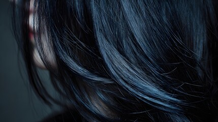 Close-up of Dark Blue Hair with Subtle Highlights and Texture.