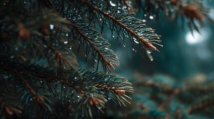 Close-up of Evergreen Branches with Water Droplets in Natural Light.