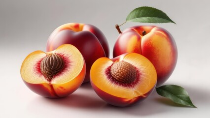 Peaches with halved fruit and leaves