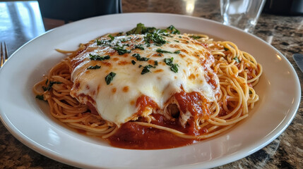 Gourmet chicken parmesan topped with melted mozzarella cheese and marinara sauce, served with a side of spaghetti and sprinkled with basil.