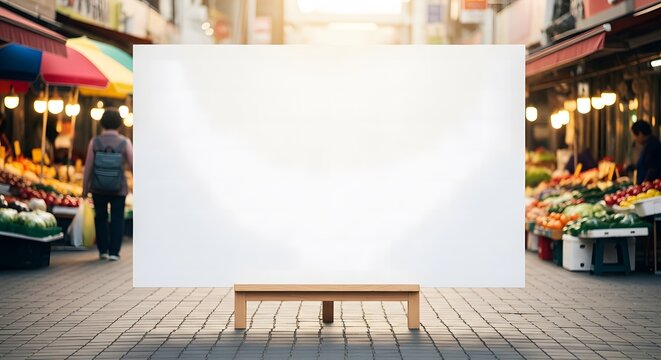 Blank Billboard Mockup on Wooden Bench in Busy Korean Street Mar