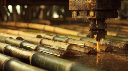 Close-up of industrial waterjet cutting metal pipes with precision.