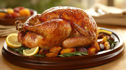 Golden roasted whole chicken on a rustic wooden platter, surrounded by fresh rosemary, lemon slices, and roasted vegetables under warm, natural light