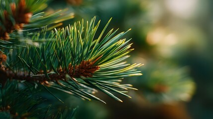 Close-up of Pine Needles on a Branch in Natural Light.