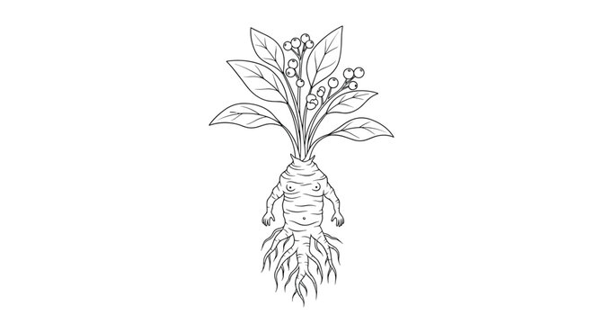 Whimsical black and white line drawing of a magical mandrake root with a humanoid body, leaves, and berries, in a botanical style.