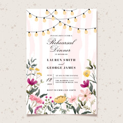rehearsal dinner invitation card with pink yellow wildflower and light string background