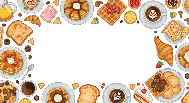 Delicious breakfast food frame with pancakes, waffles, croissants, and coffee, hand-drawn in a colorful style with ample copy space.