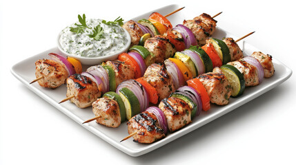 Grilled chicken skewers with colorful vegetables like red onions, bell peppers, and zucchini, served on a white platter with tzatziki sauce
