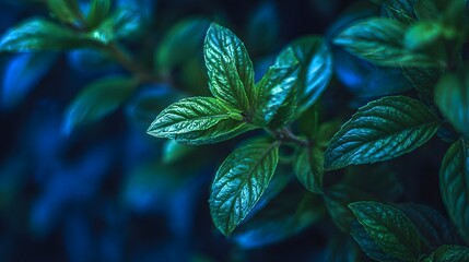 Close-up of Vibrant Green Mint Leaves with Dark Blue Background.