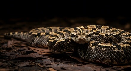 Obraz premium Close-up portrait of a venomous viper snake coiled on dark fores