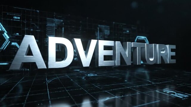 Adventure text Template intro media silver 3D text on a futuristic dark background with neon blue lines and reflections
