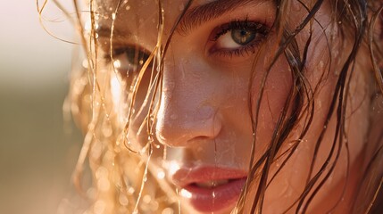 Close-up portrait of a beautiful woman with wet hair and skin.