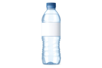 Plastic water bottle with clear liquid and blank white label, blue cap, ready for branding and hydration concepts