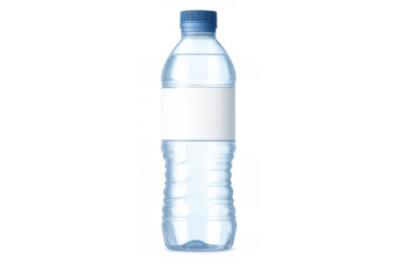 Plastic water bottle with clear liquid and blank white label, blue cap, ready for branding and hydration concepts