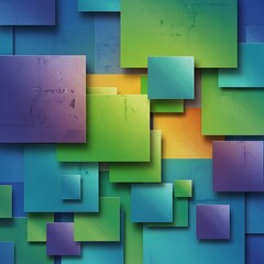 Fototapeta premium Overlapping geometric squares display vibrant layered colors with subtle distressed textures