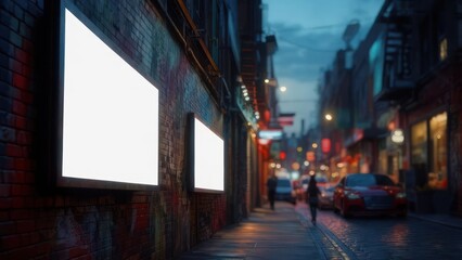 Obraz premium Illuminated Blank Billboards on Brick Wall, City Street at Dusk, Cinematic Atmosphere.