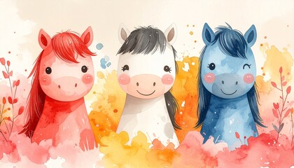 笑顔の馬と花の可愛い和風背景：2026年干支（午）の年賀状・子供向けパステル素材