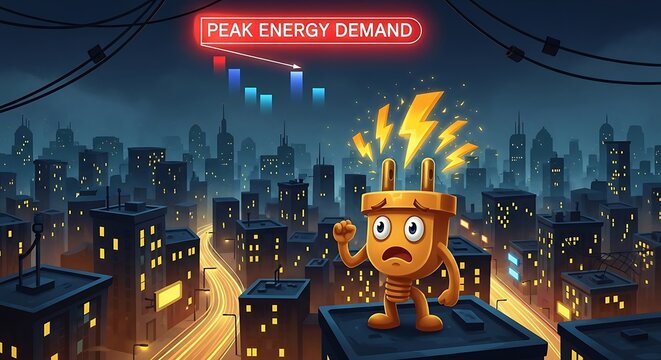 Cartoon Electric Plug Character Overwhelmed by Peak Energy Demand in Cityscape.