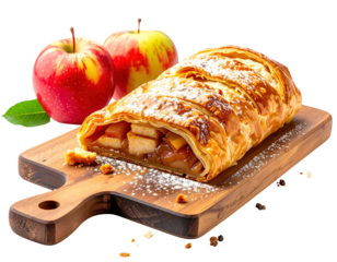 Delicious apple strudel with powdered sugar and fresh apples on wooden board