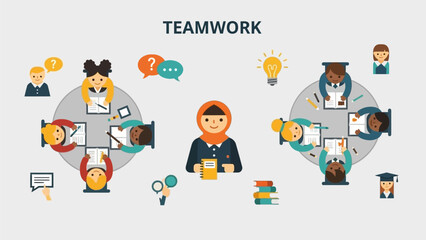 Diverse group of students and professionals collaborating in a teamwork setting, with a central figure and various educational and idea-related icons.
