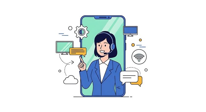 Customer Support Agent with Technology and Communication Icons. - Powered by Adobe