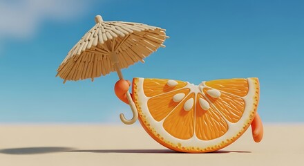 A cheerful orange slice with a straw umbrella enjoys a sunny day on the beach.