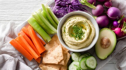 Colorful and Healthy Vegetable Platter with Hummus Dip.