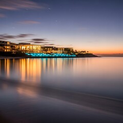 Fototapeta premium Coastal Resort at Dusk - Serene Reflections and Illuminated Architecture.