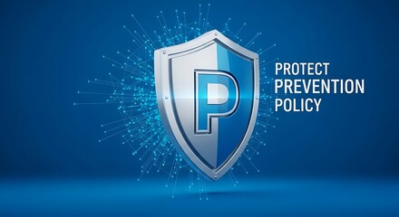 Digital Shield with Letter P and Text Protect Prevention Policy on Blue Background.