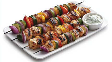 Grilled chicken skewers with colorful vegetables like red onions, bell peppers, and zucchini, served on a white platter with tzatziki sauce. 