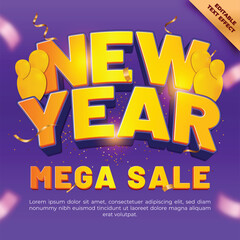 Festive New Year Mega Sale Banner with Golden 3D Text Effect