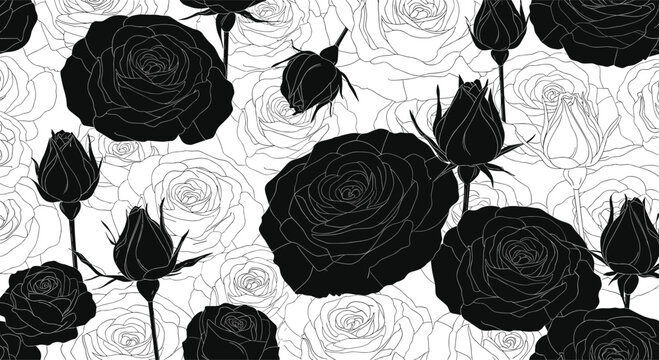 Dramatic seamless floral pattern featuring black rose silhouettes and white line art roses creating a bold, contrasting monochrome background.