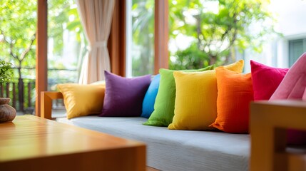 Colorful Cushions on a Sofa by a Window.