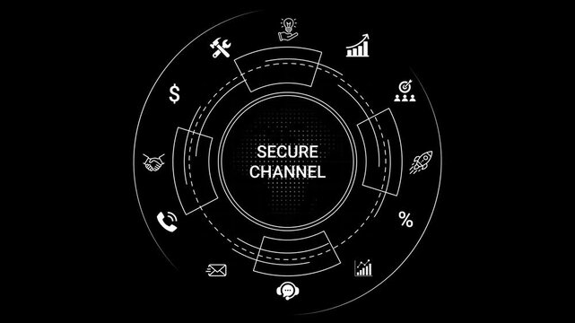 Secure Channel Concept with Business and Symbols on Black Background business security concept communication