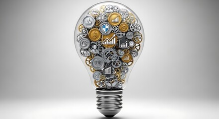 Lightbulb filled with gears and icons representing business and innovation.