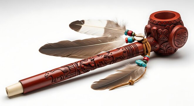 Native American Ceremonial Pipe with Feathers and Turquoise Beads.