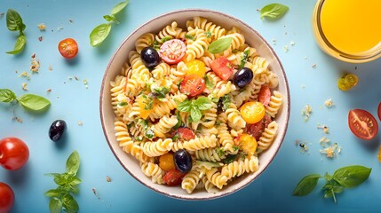 Colorful Pasta Salad with Tomatoes and Basil on Blue Background.