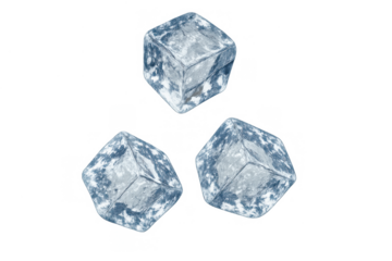 Three ice cubes floating, cold refreshment on a transparent background, perfect for drinks and beverages concept