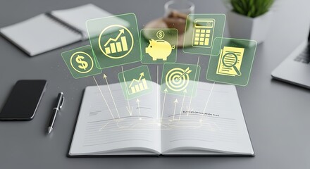 Open notebook with glowing financial icons representing business planning and accounting.
