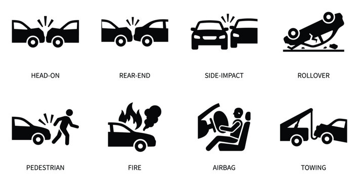A set of car accident types, head-on, rollover, side-impact, pedestrian, fire, airbag, rear-end, towing