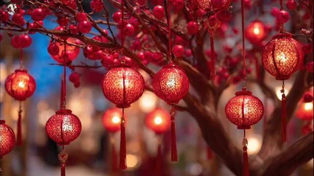 A captivating close-up captures a vibrant display of numerous red decorative lanterns and small crimson ornaments hanging gracefully from tree branches. Each intricate lantern glows warmly from within