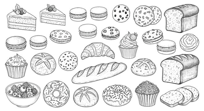 A large collection of various bakery and pastry items, including bread, croissants, and cakes, all hand-drawn in a detailed engraving style.