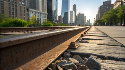 Urban railway tracks with city skyline in background during sunset, showcasing industrial elements and modern architecture