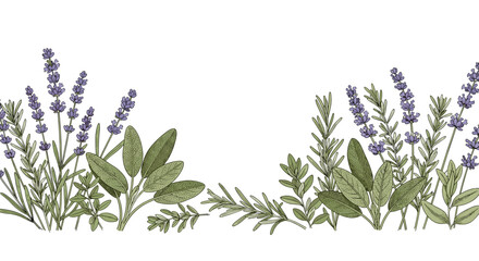 Seamless horizontal border of hand-drawn lavender, sage, rosemary, and thyme in a vintage botanical illustration style.