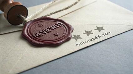 Vintage Envelope with Wax Seal Showing Reviewed Status and Three Stars for Authorized Action in a Professional Setting