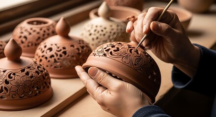 Detailed carving on ceramic lids, a unique work of craftsmanship creation