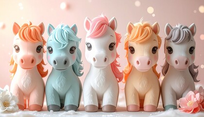 2026年午年：パステルカラーの可愛い馬のぬいぐるみ。子供向け・年賀状背景素材