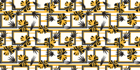 beautiful fabric pattern black and yellow hibiscus flowers, floral and frame motif, hand drawn hibiscus pattern flower. Summer fabric patterns for Hawaiian shirts. botanical motifs floral hibiscus. © Choltita