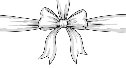 Hand-drawn ribbon bow in a black and white vintage engraving style, creating a horizontal decorative element for gifts.