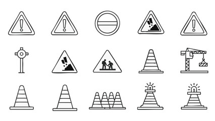 Road construction warning signs and traffic cones set.